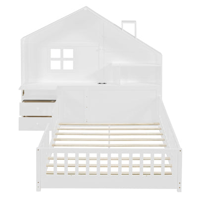 Full Size House Bed With Window And Bedside Drawers, Platform Bed With Shelves And A Set Of Sockets And USB Port - White