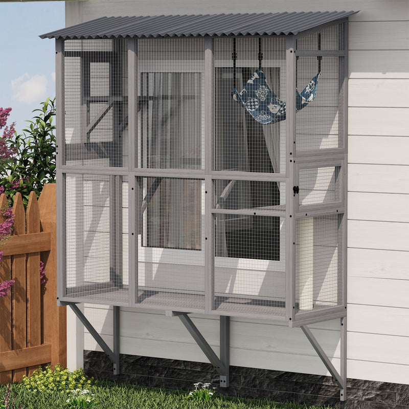 Large Walk In Outdoor Catio For Cats With Roof And 3 Access Doors - Gray