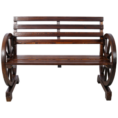 Rustic Country 2 Person Wooden Wagon Wheel Bench With Slatted Seat And Backrest - Brown