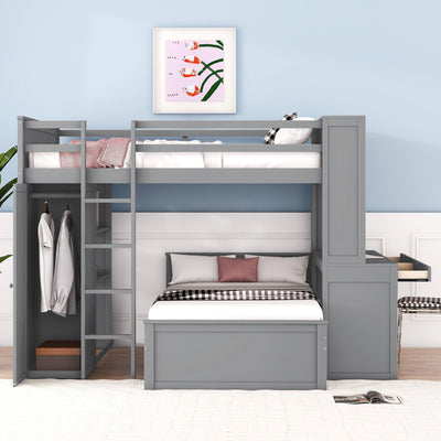 Loft Bed With A Twin Size Standalone Bed, Shelves, Desk, And Wardrobe