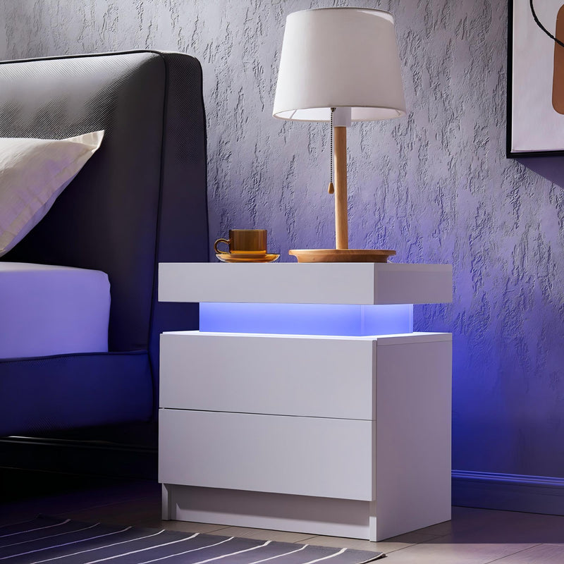 Modern LED Bedside Table Cabinet With Adjustable Lights And 2 Drawers - White
