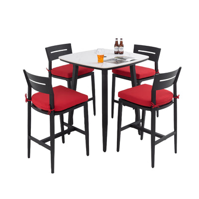5 Pieces Outdoor Patio Bar Set, Rounded Square Table & 4 Aluminum Bar Stools