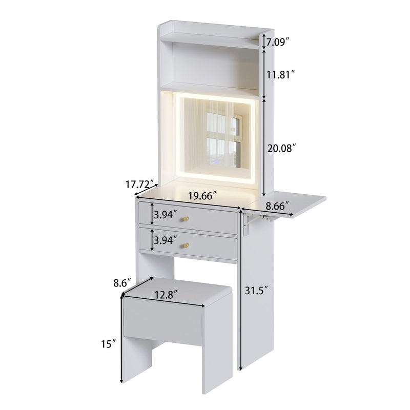 Contemporary Small Space Vanity Table Set With Adjustable Lighted Mirror And Storage Chair - White