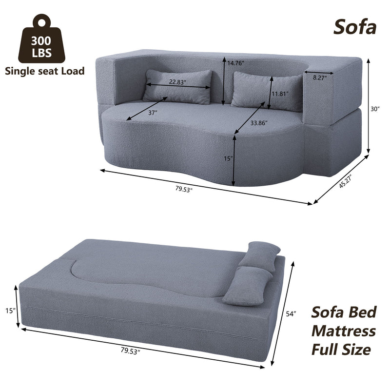 2 In 1 Convertible Full Size Folding Loveseat Couch With Soft Teddy Fabric