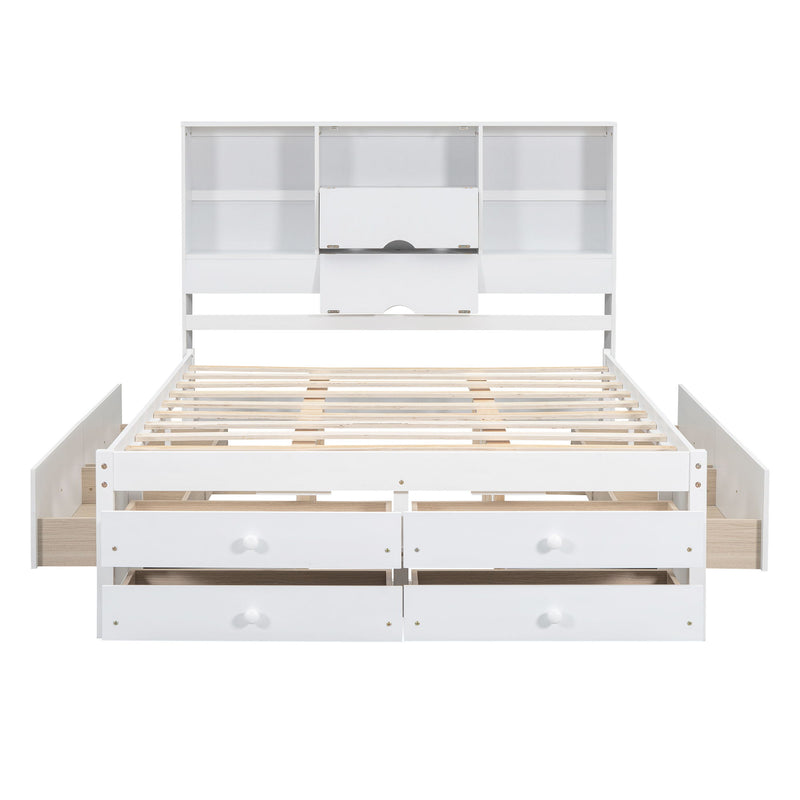Queen Size Platform Bed With Storage Headboard And 8 Drawers - Gray