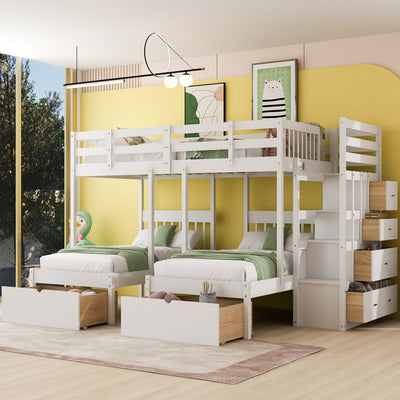 Multifunctional Triple Bunk Bed With Drawers And Guardrails