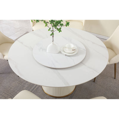 Modern Sintered Stone Dining Table With Turntable And Wood Metal Pedestal With 4 Chairs - Beige / White