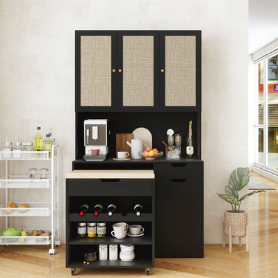 Kitchen Pantry Storage Cabinet, Modern Buffet Cabinet With Kitchen Cart, Tall Kitchen Hutch Cabinet With Microwave Stand, Food Pantry Cabinet With 3 Rattan Doors And Adjustable Shelves - Black