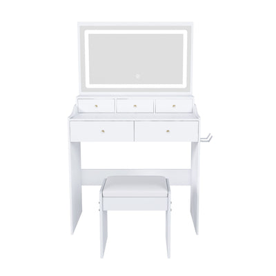 Modern Makeup Vanity Set With Power Outlet, Hair Dryer Holder, And Adjustable Lighting