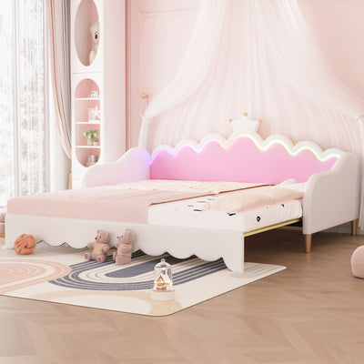 Extending Daybed With LED Lights, Modern Upholstered Princess Daybed With Crown Headboard