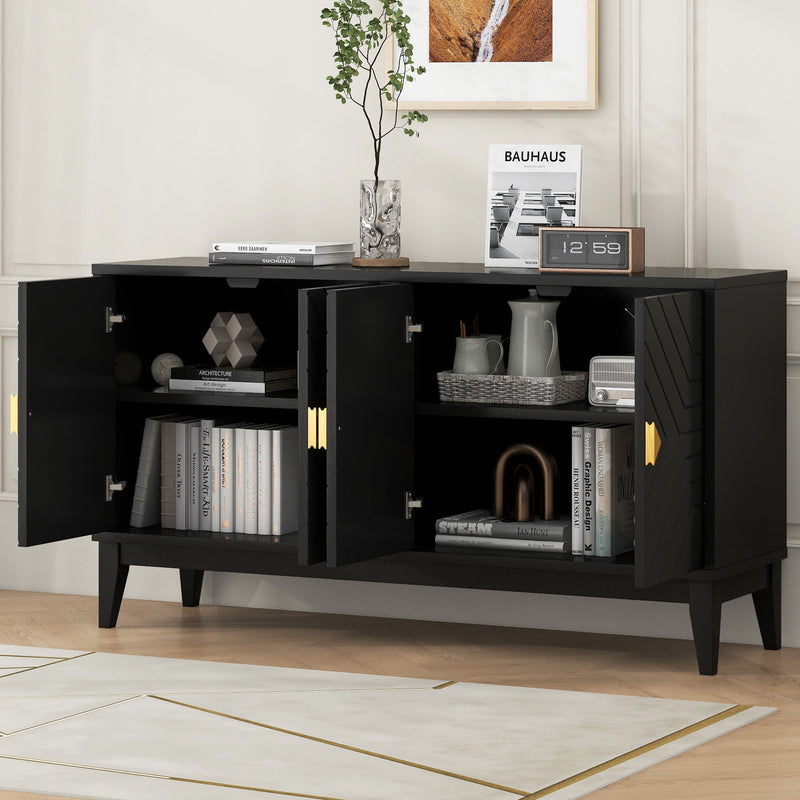 4 Door Sideboard Storage Cabinet For Living Room And Dining Room, 2 Large Cabinets With Gold Handles And Adjustable Shelf - Black