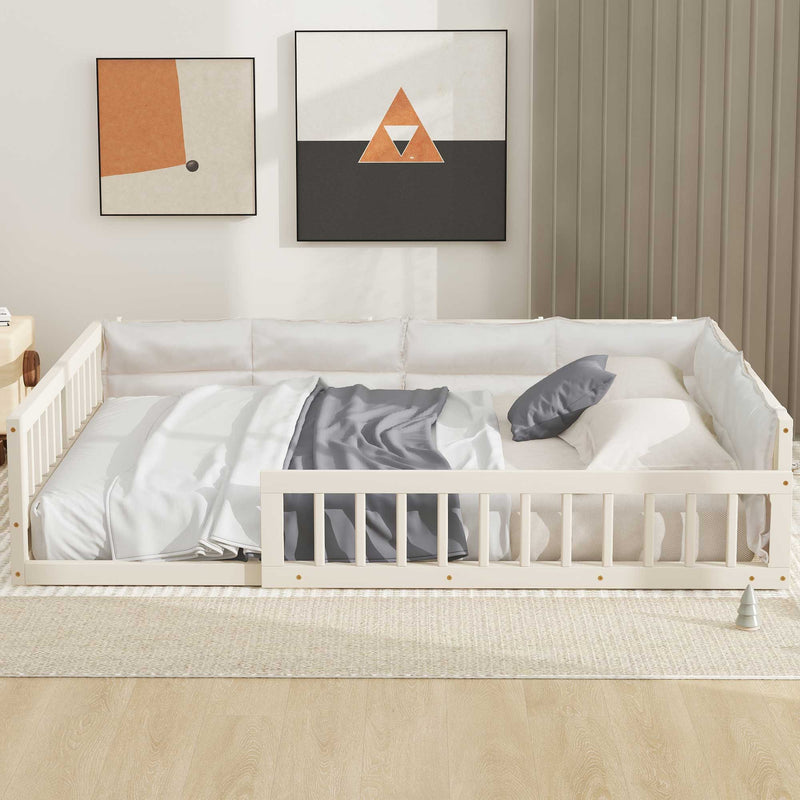 Wood Full Size Upholstered Platform Bed With Guardrail And Pillow - Beige