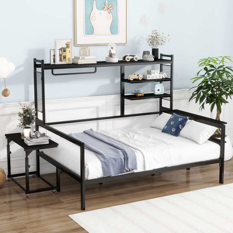 Daybed With Movable Desk, Grid, Shelves And Clothes Hanger