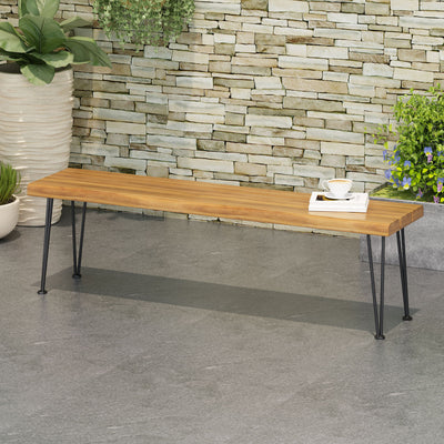 Zion - Industrial Wood And Metal Rectangular Bench With Faux Live Edge Design - Teak