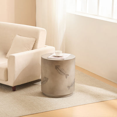 Rustic Magnesium Oxide Side Table With Fish Pattern Design - Gray