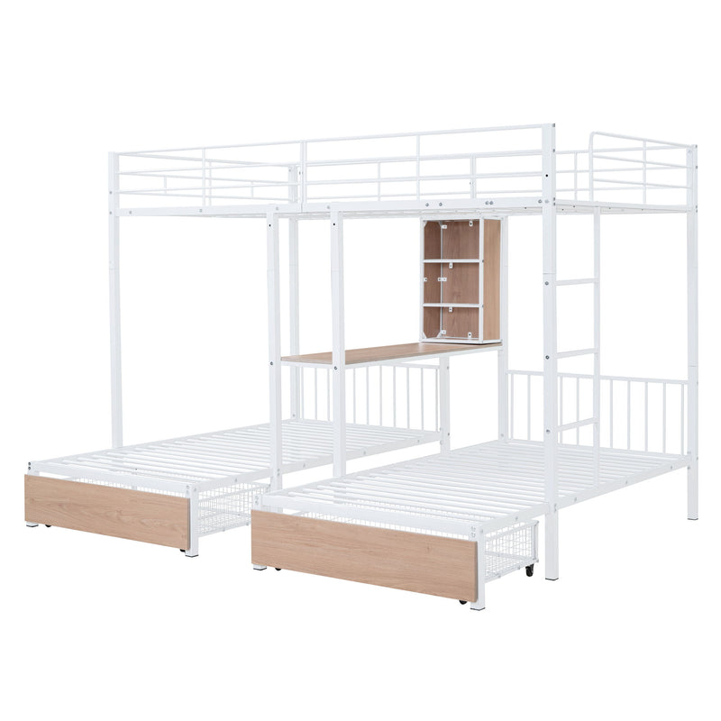 Triple Bunk Bed With Drawers, Multi-Functional Frame With Desks And Shelves In The Middle