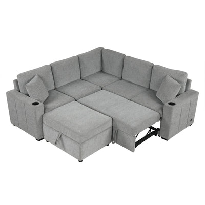 Sectional Sofa Convertible Pull-Out Sofa Bed With A Movable Storage Ottoman For Living Room