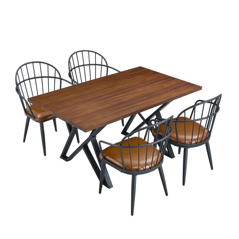 5 Piece Industrial Style Indoor Upholstered Dining Set With Metal Legs - Brown