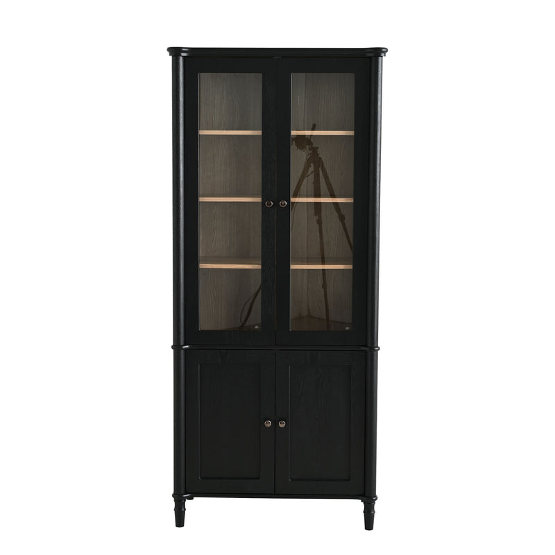 Vintage Display Cabinet With Double Glass Doors, Traditional Style For Collectibles, Ash Wood Veneer, 73.25" Tall - Black / Natural