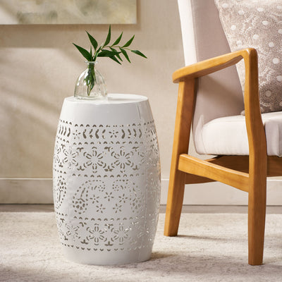 Transitional Ruby - Side Table With Lace Cut Design - White