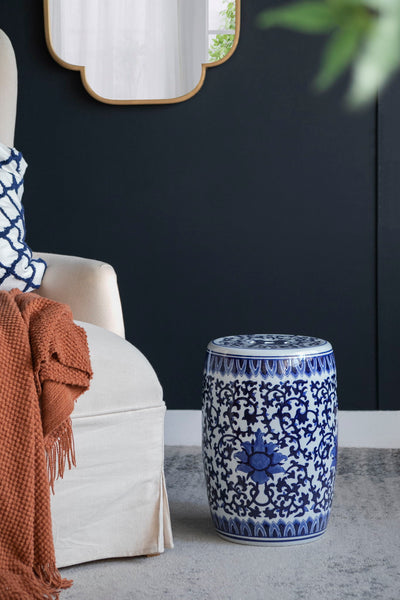 Ceramic Garden Stool, Small Side Tabel - White / Blue