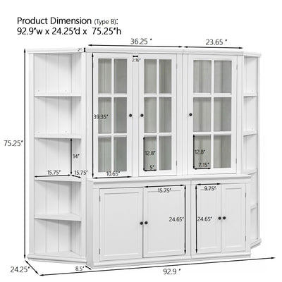 Retro Style Wall Suit With Glass Doors, 75.25" Tall Display Cabinets & Triangle Sided Bookshelves - White