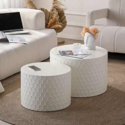 Minimalist Honeycomb Nesting Coffee Table Set, Round Drum Circle Table (Set of 2) - Beige