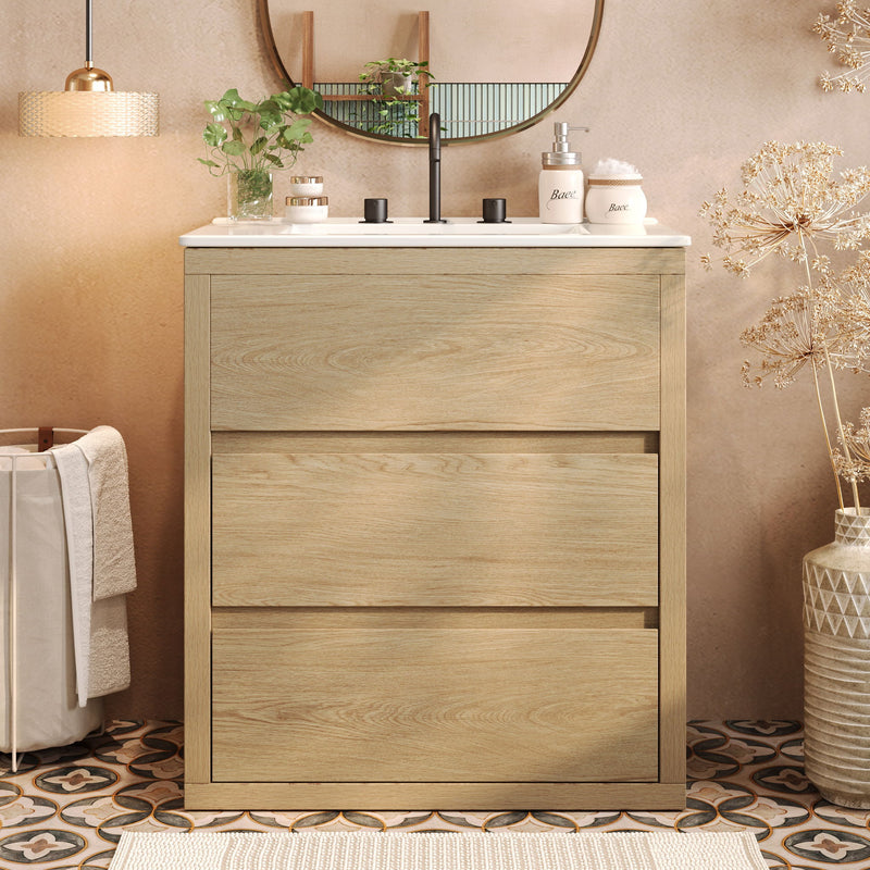 Freestanding Bathroom Vanity With Ceramic Sink, 2 Full Extension Drawers