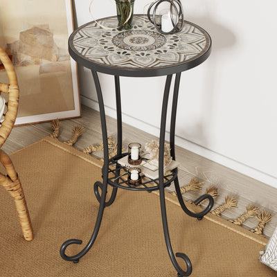 Ceramic Tile And Iron Patio Side Table With Shelf
