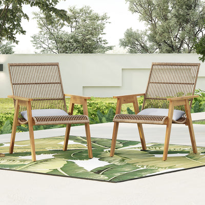 Acacia Wood Cape Woven Wicker Large Lounge Chair With Pillow For Patio, Deck, Yard, Lawn And Garden Seating Wicker (Set of 2) - Teak