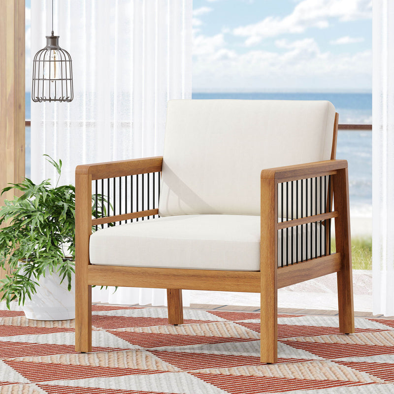 Club Chair With Slat Panel Design - Teak / Beige