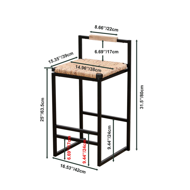 Water Hyacinth Woven Bar Stools With Back Support, Counter Height Dining Chairs (Set of 2) - Natural