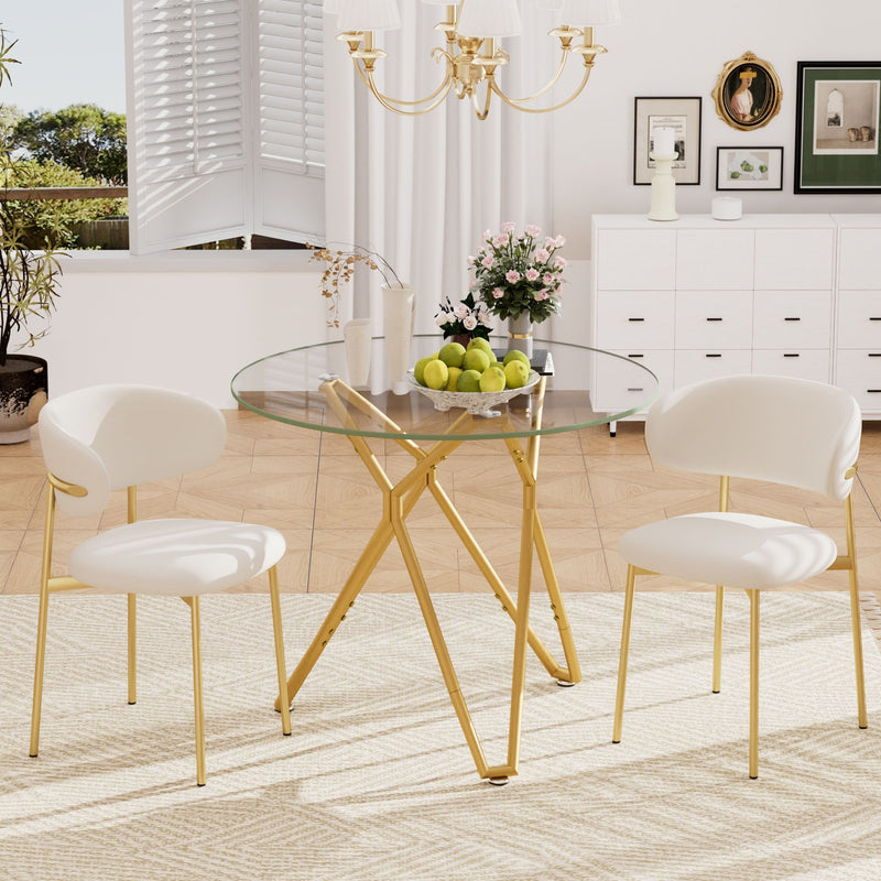 Modern Round Tempered Glass Dining Table With Sturdy Metal Legs For 1 - 4 People - Gold