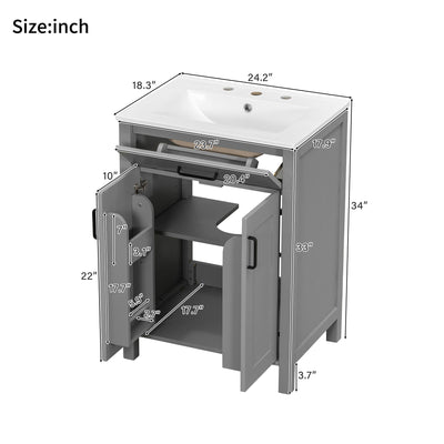 Bathroom Vanity With Ceramic Sink, Soft Close Doors, Flip Drawer, Double Layer Door Shelves