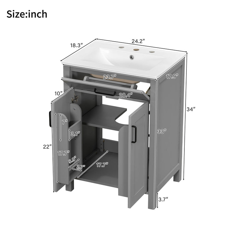 Bathroom Vanity With Ceramic Sink, Soft Close Doors, Flip Drawer, Double Layer Door Shelves