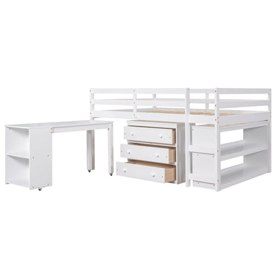 Loft Low Study Bed With Cabinet, Shelves And Rolling Portable Desk, Multiple Functions