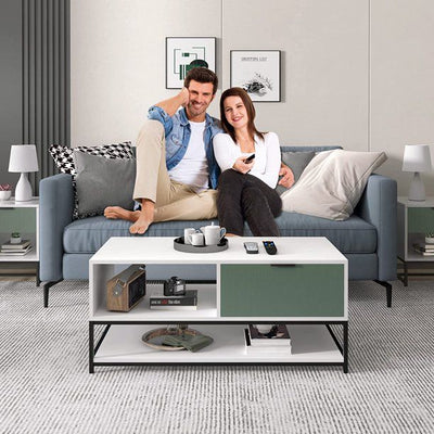 Watson - Wood Coffee Table Steel Frame With Shelves And Drawer