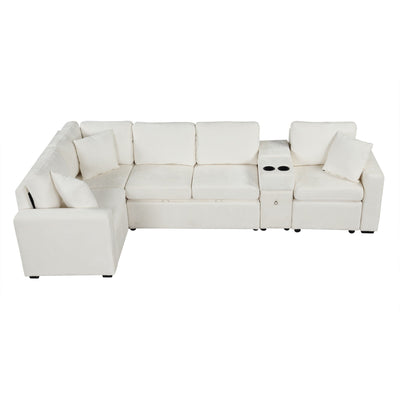 Contemporary L Shaped Convertible Sofa Bed With Pull Out Bed, Cup Holders, And Storage