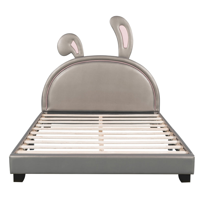 Upholstered Leather Platform Bed With Rabbit Ornament