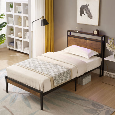 Metal Platform Bed Frame With Wooden Headboard And Footboard With USB Liner, No Box Spring Needed, Under Bed Storage