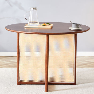 Retro Round Table With Imitation Rattan Rubber Wood - Walnut