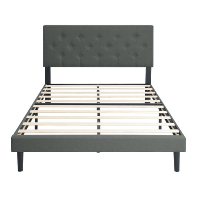 Modern Upholstered Platform Bed Frame With Button Tufted Linen Fabric Headboard