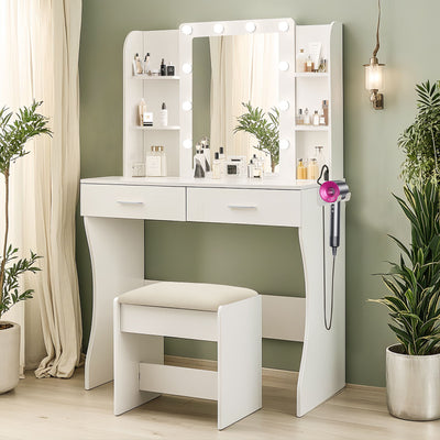 Vanity Desk Set With Mirror & Adjustable Lights Power Outlet And Hair Dryer Rack 2 Drawers And 6 Shelves Includes Cushioned Stool - White