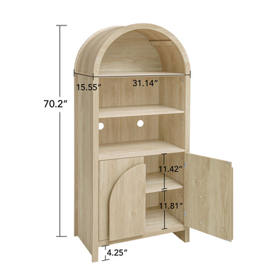 Arched Kitchen Pantry, Modern Farmhouse Wood Kitchen Storage Cabinets, Arched Storage Display Cabinet With Adjustable Shelves, Versatile Cupboard For Kitchen, Dining Room - Natural
