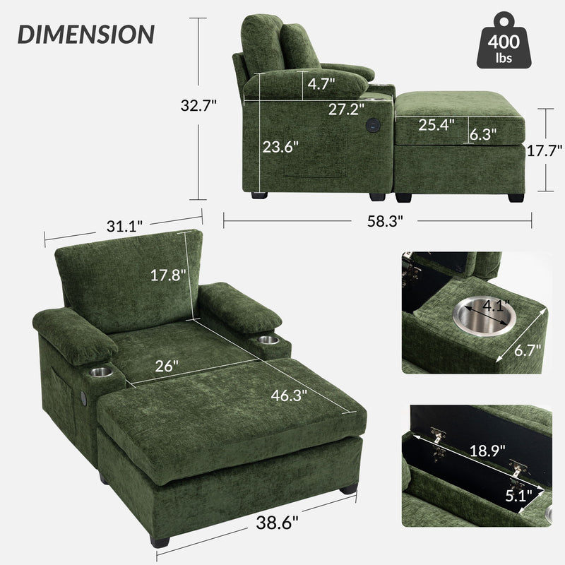 Modern Oversized Chair With Ottoman, Cupholders And USB Charging Ports