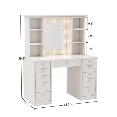 Vanity Desk With LED Lighted Mirror, Makeup Vanity With 11 Drawers, Adjustable Lighting - White