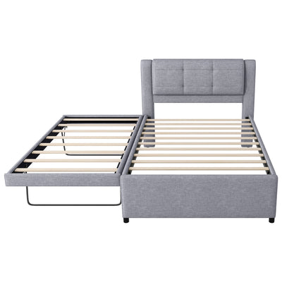Upholstery Platform Bed With Trundle,Trundle Can Be Flat Or Erected