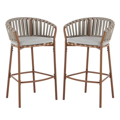 Lodi - Outdoor Matal Rope Barstool, Teak / Beige (Set of 2) - Teak / Beige