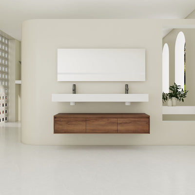 Contemporary Wall Mounted Bathroom Vanity With Dual Resin Sink And Soft Close Drawer