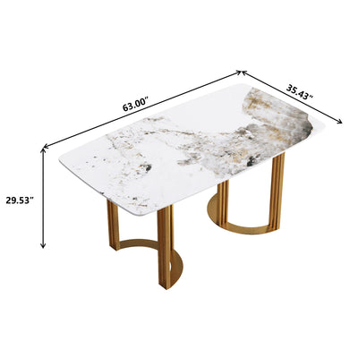 63" Modern Artificial Stone Pandora White Curved Metal Leg Dining Table, 6 People - Antique White